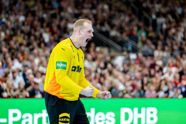 Dortmund 19 03 2026, Handball, Men, International match, Germany Egypt David Späth Germany, 1 celebrates a brilliant save Dortmund Westfalenhalle NRW Germany