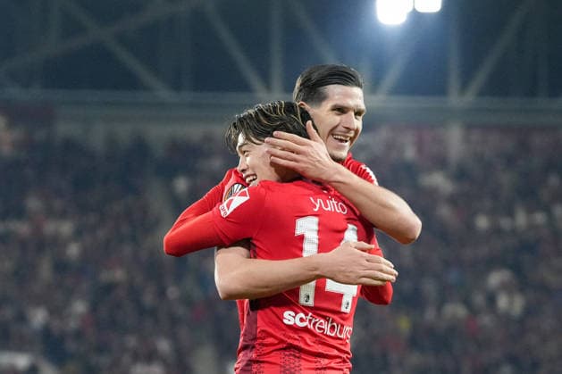 Igor Matanovic SC Freiburg, 31 , Yuito Suzuki SC Freiburg, 14 goal celebration, emotion, goal shot, finish, goal success, goal, goal , Germany, football, UEFA Europa League, round of 16, second leg, 2025 2026, SC Freiburg vs KRC Genk, 19 03 2026, Europa Park Stadion, Freiburg, Germany Freiburg Europa Park Stadion Baden Württemberg Germany Copyright: xArnexAmbergx