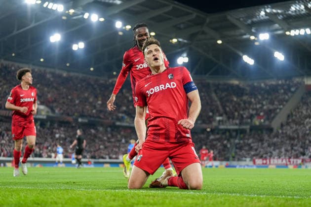 Maximilian Eggestein SC Freiburg, 08 , goal celebration, emotions, shot on goal, finish, goal success, goal, goal , Germany, football, UEFA Europa League, round of 16, second leg, 2025 2026, SC Freiburg vs KRC Genk, 19 03 2026, Europa Park Stadion, Freiburg, Germany Freiburg Europa Park Stadion Baden Württemberg Germany Copyright: xArnexAmbergx
