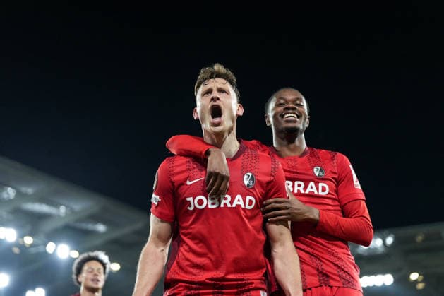 Maximilian Eggestein SC Freiburg, 08 , Jordy Makengo SC Freiburg, 33 goal celebration, emotions, goal shot, goal, goal, goal, Germany, football, UEFA Europa League, round of 16, second leg, 2025 2026, SC Freiburg vs KRC Genk, 19 03 2026, Europa Park Stadion, Freiburg, Germany Freiburg Europa Park Stadion Baden Württemberg Germany Copyright: xArnexAmbergx