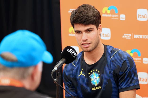 March 19, 2026, Miami Gardens, Florida, United States Of America: MIAMI GARDENS, FLORIDA - MARCH 19: Carlos Alcaraz gives pre tournament interview on day 3 of the Miami Open at Hard Rock Stadium on March 19, 2026 in Miami Gardens, Florida. ...People: Carlos Alcaraz Miami Gardens United States Of America - ZUMAs214 20260319_ada_s214_036 Copyright: xSMGx