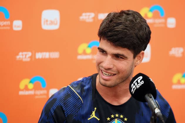 MIAMI GARDENS, FLORIDA - MARCH 19: Carlos Alcaraz gives pre tournament interview on day 3 of the Miami Open at Hard Rock Stadium on March 19, 2026 in Miami Gardens, Florida. Copyright: xhoo-me.com MediaPunchx