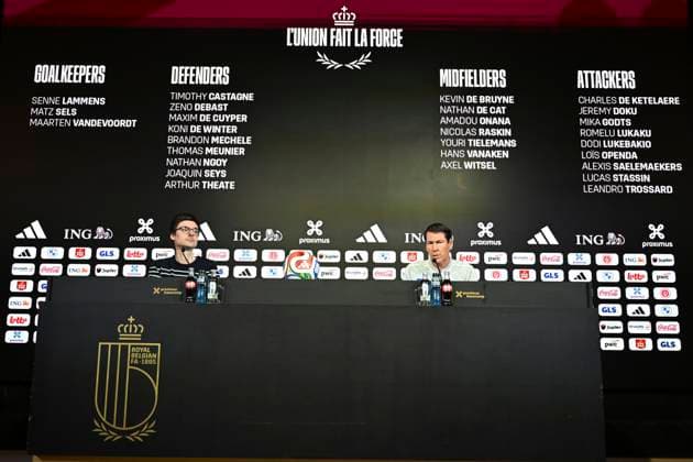 Rudi Garcia Head Coach Belgium Media Activities TUBIZE, BELGIUM - MARCH 20 : Cornez Pierre communication of Royal Belgian Football Federation and Rudi Garcia head coach of the Belgium announces the squad selected for the pre-World Cup training camp in the United States during a press meeting at the Belgian National Football Center Base on March 20, 2026 in Tubize, Belgium, 20 03 2026 Tubize Belgium  Copyright: xVincentxKalutx