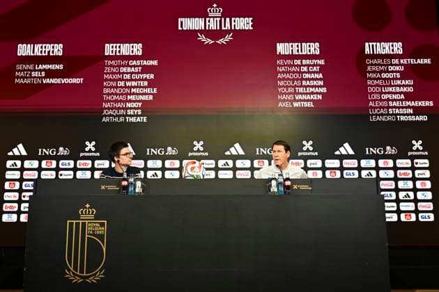 Rudi Garcia Head Coach Belgium Media Activities TUBIZE, BELGIUM - MARCH 20 : Cornez Pierre communication of Royal Belgian Football Federation and Rudi Garcia head coach of the Belgium announces the squad selected for the pre-World Cup training camp in the United States during a press meeting at the Belgian National Football Center Base on March 20, 2026 in Tubize, Belgium, 20 03 2026 Tubize Belgium  Copyright: xVincentxKalutx