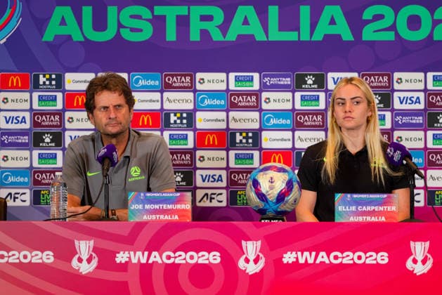 AFC Women s Asian Cup 2026 Australia - Finals Pre-match press conference, PK, Pressekonferenz Australia Coach, Joseph Montemurro of Australia and Ellie Carpenter of Australia attends the pre-match finals press conference before the AFC Women s Asian Cup Australia 2026 Finals match between Japan and Australia at Stadium Australia on Mar 20, 2026 in Sydney, Australia, Credit:IOIO IMAGES Avalon Australia, New South Wales, Sydney, Stadium Australia  Copyright: xIOIOxIMAGESx xAvalonx 1084695607