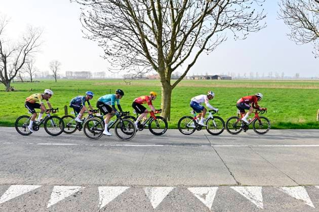 Bredene Koksijde Classic 2026 Cycling Race KOKSIJDE, BELGIUM - MARCH 20 : Gelders Gil (BEL) of Soudal Quick-Step, Beullens Cedric (BEL) of Lotto Intermarche, Pedersen Henrik (DEN) of Uno-X Mobility, Boulahoite Rayan (FRA) of TotalEnergies, Vermoote Jelle (BEL) of Tarteletto - Isorex, Coppens Michiel (BEL) of BEAT CC p b Saxo in De Moeren during the 24th edition of Bredene Koksijde Classic an UCI ProSeries 1.Pro one day cycling road race for Men Elite of km with start in Bredene and finish in Koksijde on March 20, 2026 in Koksijde, Belgium, 20 03 2026 ( Motordriver Stephan Boone - Koksijde Belgium  Copyright: xJanxDexMeuleneirx