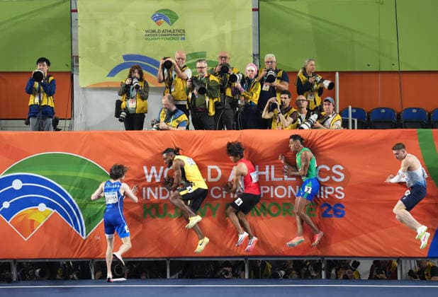 World Athletics Indoor Championships Kujawy Pomorze 26 in Torun, Poland Kishane Thompson of Jamaica, Marc Louis of Singapore and Gabriel Dos Santos of Brazil hit the crash pad at the finish of the Mens 60m heats during day 1 of the World Athletics Indoor Championships Kujawy Pomorze 26 at the Kujawsko-Pomorska Arena Torun, Poland on March 20, 2026. TORUN POLAND  Copyright: xMatrixxImagesx xNicxBothmax