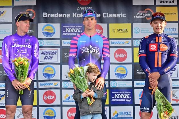 L-R, second German Pascal Ackermann of Team Jayco-AIUIa, winner Dutch Dylan Groenewegen of Unibet Rose Rockets and third Czech Pavel Bittner of Team Picnic PostNL celebrate on the podium of the Bredene Koksijde Classic one day cycling race, 203,4 km from Bredene to Koksijde, on Friday 20 March 2026. DIRKxWAEM  x168361739x