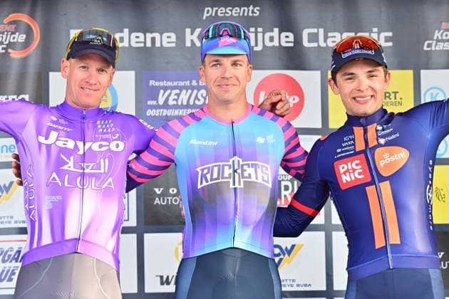 L-R, second German Pascal Ackermann of Team Jayco-AIUIa, winner Dutch Dylan Groenewegen of Unibet Rose Rockets and third Czech Pavel Bittner of Team Picnic PostNL celebrate on the podium of the Bredene Koksijde Classic one day cycling race, 203,4 km from Bredene to Koksijde, on Friday 20 March 2026. DIRKxWAEM  x168361768x
