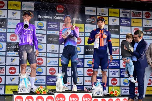 Bredene Koksijde Classic 2026 Cycling Race KOKSIJDE, BELGIUM - MARCH 20 : Ackermann Pascal (GER) of Team Jayco AlUla, Groenewegen Dylan (NED) of Unibet Rose Rockets and Bittner Pavel (CZE) of Team Picnic PostNL pictured during the podium ceremony of the 24th edition of Bredene Koksijde Classic an UCI ProSeries 1.Pro one day cycling road race for Men Elite of km with start in Bredene and finish in Koksijde on March 20, 2026 in Koksijde, Belgium, 20 03 2026 ( Motordriver Stephan Boone - Koksijde Belgium  Copyright: xJanxDexMeuleneirx