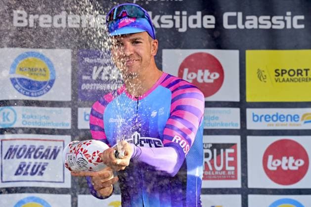 Dutch Dylan Groenewegen of Unibet Rose Rockets celebrates on the podium after winning the Bredene Koksijde Classic one day cycling race, 203,4 km from Bredene to Koksijde, on Friday 20 March 2026. DIRKxWAEM  x168362096x
