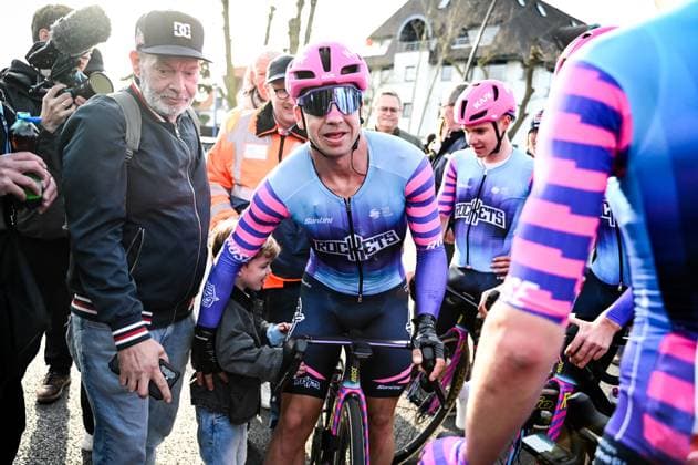 Dutch Dylan Groenewegen celebrates after winningwith his son Mayson at the Bredene Koksijde Classic one day cycling race, 203,4 km from Bredene to Koksijde, on Friday 20 March 2026. ELIASxROM  x168362716x