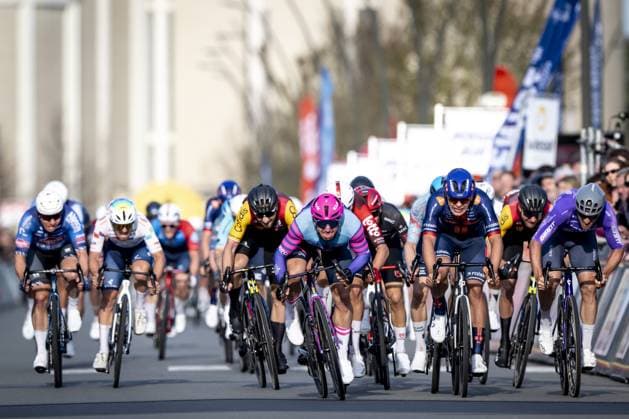 Dutch Dylan Groenewegen of Unibet Rose Rockets, Czech Pavel Bittner of Team Picnic PostNL and German Pascal Ackermann of Team Jayco-AIUIa pictured in action during the Bredene Koksijde Classic one day cycling race, 203,4 km from Bredene to Koksijde, on Friday 20 March 2026. DIRKxWAEM  x168365390x