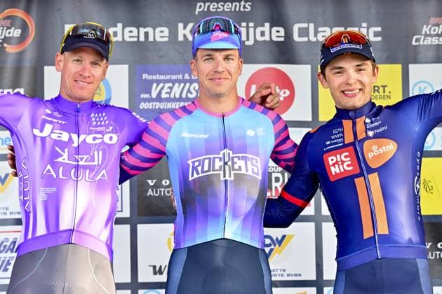 L-R, second German Pascal Ackermann of Team Jayco-AIUIa, winner Dutch Dylan Groenewegen of Unibet Rose Rockets and third Czech Pavel Bittner of Team Picnic PostNL celebrate on the podium of the Bredene Koksijde Classic one day cycling race, 203,4 km from Bredene to Koksijde, on Friday 20 March 2026. DIRKxWAEM  x168365440x