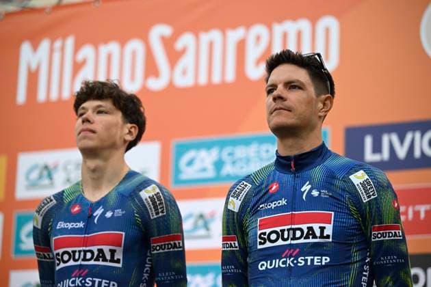 Milan Sanremo 2026 Cycling Race Media Activities 20 03 2026 SANREMO, ITALY - MARCH 20 : Magnier Paul (FRA) of Soudal Quick-Step and Stuyven Jasper (BEL) of Soudal Quick-Step pictured during the teams presentation prior to the 117th edition of Milan Sanremo an UCI World Tour 1.UWT one day cycling road race for Men Elite of 298 km with start in Pavia and finish in Sanremo on March 20, 2026 in Sanremo, Italy, 20 03 2026 ( Motordriver Guy De Vuyst - Sanremo Italy  Copyright: xNicoxVereeckenx