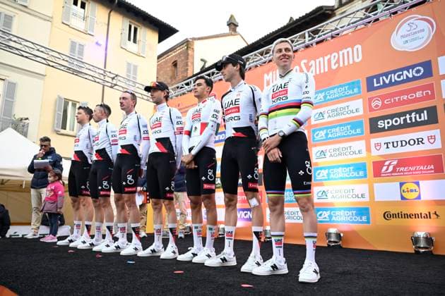 Milan Sanremo 2026 Cycling Race Media Activities 20 03 2026 SANREMO, ITALY - MARCH 20 : Pogacar Tadej (SLO) of UAE Team Emirates - XRG pictured during the teams presentation prior to the 117th edition of Milan Sanremo an UCI World Tour 1.UWT one day cycling road race for Men Elite of 298 km with start in Pavia and finish in Sanremo on March 20, 2026 in Sanremo, Italy, 20 03 2026 ( Motordriver Guy De Vuyst - Sanremo Italy  Copyright: xNicoxVereeckenx