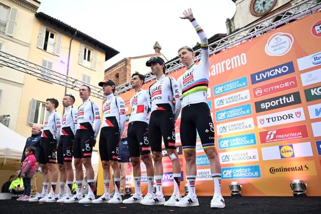 Milan Sanremo 2026 Cycling Race Media Activities 20 03 2026 SANREMO, ITALY - MARCH 20 : Pogacar Tadej (SLO) of UAE Team Emirates - XRG pictured during the teams presentation prior to the 117th edition of Milan Sanremo an UCI World Tour 1.UWT one day cycling road race for Men Elite of 298 km with start in Pavia and finish in Sanremo on March 20, 2026 in Sanremo, Italy, 20 03 2026 ( Motordriver Guy De Vuyst - Sanremo Italy  Copyright: xNicoxVereeckenx