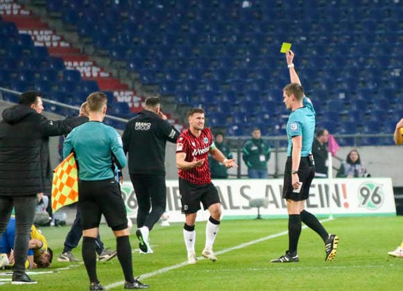 Germany Soccer 2 Bundesliga 2025 2026, Matchday 27 Hannover 96 vs Eintracht Braunschweig Heinz von Heiden Arena Stadion Hannover Yellow card for player Enzo Leopold Hannover 96, 8 Hannover Copyright: xAymanxAlahmedx
