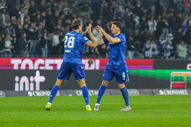 2 Bundesliga, Karlsruher SC vs SpVgg Greuther Fürth, 20 03 2026 Marcel Franke Karlsruher SC, 28 and Nicolai Rapp Karlsruher SC, 6 who are delighted after the 1 1 by Rafael Pinto Pedrosa Karlsruher SC, 36 2 Bundesliga, Karlsruher SC vs SpVgg Greuther Fürth, BBBank Wildpark Karlsruhe, 20 03 2026 DFB DFL REGULATIONS PROHIBIT ANY USE OF PHOTOGRAPHS AS IMAGE SEQUENCES AND OR QUASI VIDEO Copyright: xBEAUTIFULxSPORTS Boscox