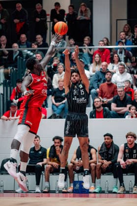 BB 2BL SBB Baskets Tigers Tuebingen Patrick Etienne Fardy Emilien Tigers Tuebingen , Fabien Kondo SBB Baskets during the 2025 2026 season in the 2 Barmer Basketball Bundesliga Pro A on matchday 28 between SBB Baskets and Tigers Tuebingen at Wolfgang Lakenmacher Halle on March 20, 2026 in Magdeburg, Sachsen Anhalt, Germany
