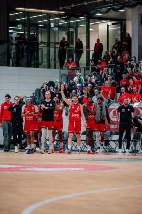 BB 2BL SBB Baskets Tigers Tuebingen cheering on the bench of the SBB Baskets at halftime during the 2025 2026 season in the 2 Barmer Basketball Bundesliga Pro A on matchday 28 between SBB Baskets and Tigers Tuebingen at Wolfgang Lakenmacher Halle on March 20, 2026 in Magdeburg, Saxony-Anhalt, Germany