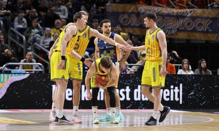 Justin Bean, Sam Griesel, Bennet Hundt disappointed, Jonas Mattisseck Sport Basketball BBL Bundesliga Men 25 Matchday Season 2025 2026 20 03 2026 ALBA Berlin vs Rostock Seawolves