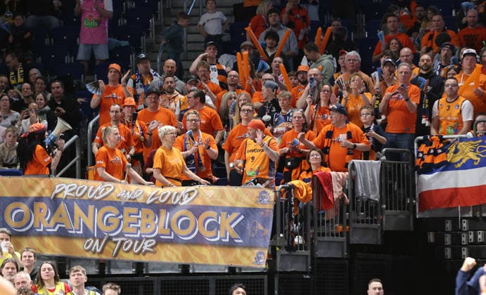 Fans of the Rostock Seawolves Fanblock Sport Basketball BBL Bundesliga Men 25 Matchday Season 2025 2026 20 03 2026 ALBA Berlin vs Rostock Seawolves