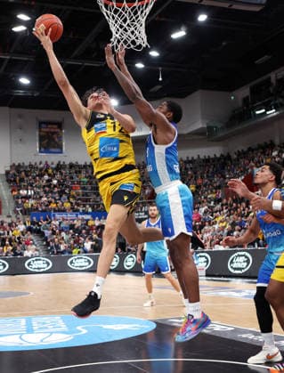 20 03 2026, Germany, Ludwigsburg Basketball MHP Riesen Ludwigsburg vs Frankfurt Skyliners, v l Lenny Anigbata MHP RIESEN Ludwigsburg , William Christmas Frankfurt Skyliners