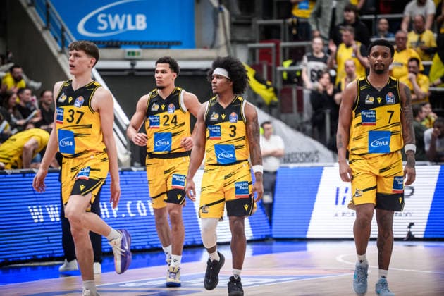 Julis Baumer MHP RIESEN Ludwigsburg, 37 , Brandon Tischler MHP RIESEN Ludwigsburg, 24 , Stefan Smith MHP RIESEN Ludwigsburg, 03 , Elijah Hughes MHP RIESEN Ludwigsburg, 07 , vlnr GER, MHP Riesen Ludwigsburg vs Skyliners Frankfurt, Basketball Bundesliga, easycredit BBL, 25 Matchday, Season 2025 2026, 20 03 2026 GER, MHP Riesen Ludwigsburg vs Skyliners Frankfurt, Basketball Bundesliga, easycredit BBL, 25 Matchday, Season 2025 2026, 20 03 2026 Ludwigsburg Copyright: xSandyxDinkelackerx EP_SDR