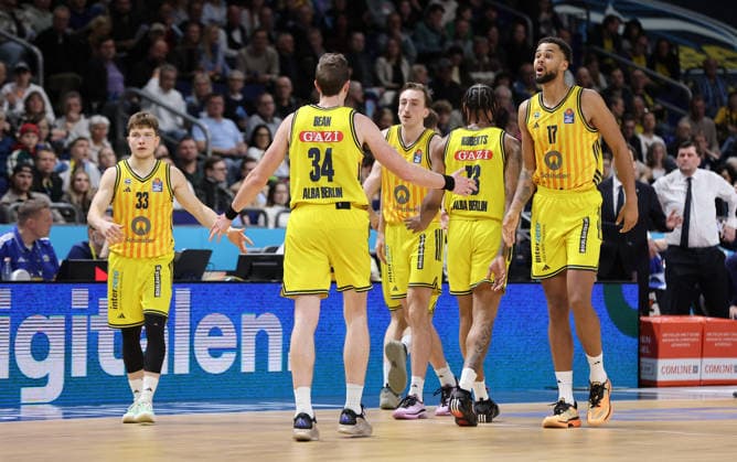 Bennet Hundt, Justin Bean, Moses Wood, J Wan Roberts, Norris Agbakoko Sport Basketball BBL Bundesliga Men 25 Matchday Season 2025 2026 20 03 2026 ALBA Berlin vs Rostock Seawolves