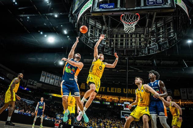 Basketball Berlin 20 03 2026 Season 2025 2026 EasyCredit BBL 1 Bundesliga Men, Men Alba Berlin Rostock Seawolves Elias Baggette Rostock, No 04 Sam Griesel Alba Berlin, No 05