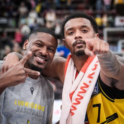 Yorman Polas Bartolo MHP RIESEN Ludwigsburg, 13 with Elijah Hughes MHP RIESEN Ludwigsburg, 07 GER, MHP Riesen Ludwigsburg vs Skyliners Frankfurt, Basketball Bundesliga, easycredit BBL, 25 Matchday, Season 2025 2026, 20 03 2026 GER, MHP Riesen Ludwigsburg vs Skyliners Frankfurt, Basketball Bundesliga, easycredit BBL, 25 Matchday, Season 2025 2026, 20 03 2026 Ludwigsburg Copyright: xSandyxDinkelackerx EP_SDR