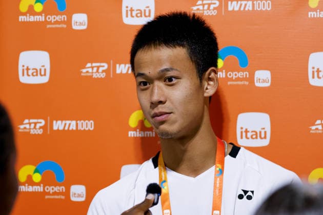MIAMI GARDENS, FL - MARCH 20: Rei Sakamoto (JPN) speaks to the media after his Men™s Singles match against Aleksandar Kovacevic (USA) at the Miami Open on March 20, 2026, at Hard Rock Stadium in Miami Gardens, Florida,(Photo by Chris Arjoon Icon Sportswire) TENNIS: MAR 20 Miami Open EDITORIAL USE ONLY Icon2603200010067