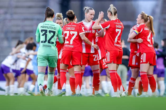 20 03 2026, Football, 1 Womens Bundesliga, SGS Essen FC Bayern München, Stadion Hafenstraße, Google Pixel Frauenbundesliga, 21 Matchday, Season 2025 2026 Ena Mahmutovic FC Bayern Muenchen 32 Arianna Caruso FC Bayern Muenchen 27 Franziska Kett FC Bayern Muenchen 20 Giulia Gwinn FC Bayern Muenchen 07 DFB regulations prohibit any use of photographs as image sequences and or quasi video Nordrhein Westfalen Germany