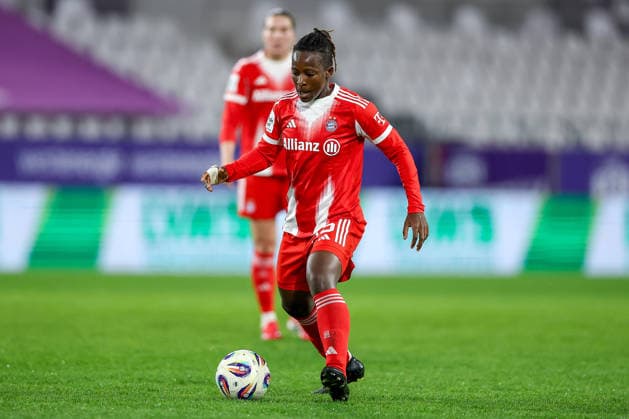 20 03 2026, Football, 1 Womens Bundesliga, SGS Essen FC Bayern München, Stadion Hafenstraße, Google Pixel Frauenbundesliga, 21 Spieltag, Saison 2025 2026 Bernadette Amani FC Bayern Muenchen 15 DFB regulations prohibit any use of photographs as image sequences and or quasi video Nordrhein Westfalen Germany