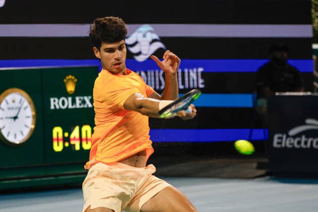 MIAMI GARDENS, FL - MARCH 20: Carlos Alcaraz (ESP) in action during a men™s singles match against Joao Fonseca (BRA) at the Miami Open on March 20, 2026, at Hard Rock Stadium in Miami Gardens, Florida,(Photo by Chris Arjoon Icon Sportswire) TENNIS: MAR 20 Miami Open EDITORIAL USE ONLY Icon2603200010218