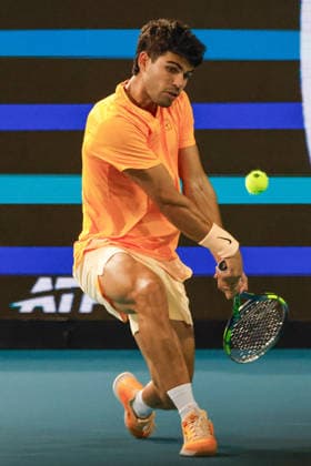 MIAMI GARDENS, FL - MARCH 20: Carlos Alcaraz (ESP) in action during a men™s singles match against Joao Fonseca (BRA) at the Miami Open on March 20, 2026, at Hard Rock Stadium in Miami Gardens, Florida,(Photo by Chris Arjoon Icon Sportswire) TENNIS: MAR 20 Miami Open EDITORIAL USE ONLY Icon2603200010207