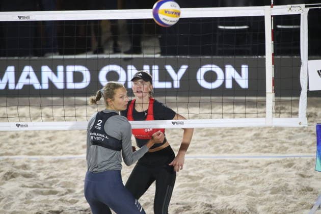 Women™s 2026 Volleyball World Beach Pro Tour - Round of 16 Anna Pavelkova of Czech Republic spikes the ball against lLea Sophie Kunst of Germany during the match of round of 16 between Czech Republic and Germany for the Women s 2026 Volleyball World Beach Pro Tour. on March 20, 2026 in Tlaxcala, Mexico. (Photo by Essene Hernandez Eyepix Group) Copyright: xEssenexHernandez xEyepixxGroupx EH_20032026_178439