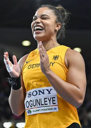 (260321) -- TORUN, March 21, 2026 -- Yemisi Ogunleye of Germany reacts during the women s shot put final at the 2026 World Athletics Indoor Championships in Torun, Poland, March 20, 2026. ) (SP)POLAND-TORUN-ATHLETICS-WORLD ATHLETICS INDOOR CHAMPIONSHIPS-WOMEN S SHOT PUT ZhangxHaofu 