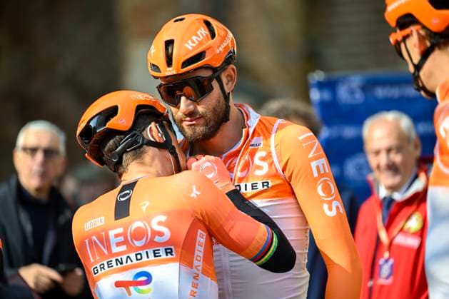 Milan Sanremo 2026 Cycling Race SANREMO, ITALY - MARCH 21 : Ganna Filippo (ITA) of INEOS Grenadiers and Kwiatkowski Michal (POL) of INEOS Grenadiers before the start of the race during the 117th edition of Milan Sanremo an UCI World Tour 1.UWT one day cycling road race for Men Elite of 298 km with start in Pavia and finish in Sanremo on March 21, 2026 in Sanremo, Italy, 21 03 2026 ( Motordriver Guy De Vuyst - Sanremo Italy  Copyright: xNicoxVereeckenx