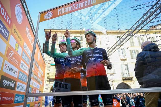 Milan Sanremo 2026 Cycling Race SANREMO, ITALY - MARCH 21 : Riders of Decathlon CMA CGM team signing during the 117th edition of Milan Sanremo an UCI World Tour 1.UWT one day cycling road race for Men Elite of 298 km with start in Pavia and finish in Sanremo on March 21, 2026 in Sanremo, Italy, 21 03 2026 ( Motordriver Guy De Vuyst - Sanremo Italy  Copyright: xNicoxVereeckenx