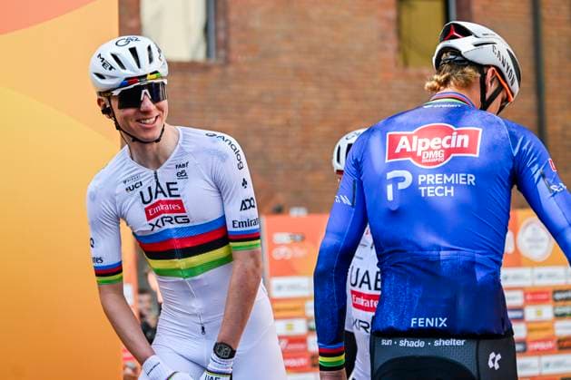 Milan Sanremo 2026 Cycling Race SANREMO, ITALY - MARCH 21 : Pogacar Tadej (SLO) of UAE Team Emirates - XRG and Van Der Poel Mathieu (NED) of Alpecin - Premier Tech before the start of the race during the 117th edition of Milan Sanremo an UCI World Tour 1.UWT one day cycling road race for Men Elite of 298 km with start in Pavia and finish in Sanremo on March 21, 2026 in Sanremo, Italy, 21 03 2026 ( Motordriver Guy De Vuyst - Sanremo Italy  Copyright: xNicoxVereeckenx