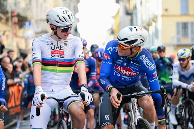 Milan Sanremo 2026 Cycling Race SANREMO, ITALY - MARCH 21 : Pogacar Tadej (SLO) of UAE Team Emirates - XRG and Van Der Poel Mathieu (NED) of Alpecin - Premier Tech before the start of the race during the 117th edition of Milan Sanremo an UCI World Tour 1.UWT one day cycling road race for Men Elite of 298 km with start in Pavia and finish in Sanremo on March 21, 2026 in Sanremo, Italy, 21 03 2026 ( Motordriver Guy De Vuyst - Sanremo Italy  Copyright: xNicoxVereeckenx