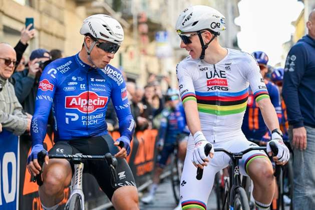 Milan Sanremo 2026 Cycling Race SANREMO, ITALY - MARCH 21 : Pogacar Tadej (SLO) of UAE Team Emirates - XRG and Philipsen Jasper (BEL) of Alpecin - Premier Tech before the start of the race during the 117th edition of Milan Sanremo an UCI World Tour 1.UWT one day cycling road race for Men Elite of 298 km with start in Pavia and finish in Sanremo on March 21, 2026 in Sanremo, Italy, 21 03 2026 ( Motordriver Guy De Vuyst - Sanremo Italy  Copyright: xNicoxVereeckenx