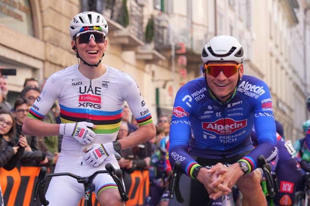 Tadej PogaÄar of UAE Team Emirates XRG, Mathieu Van Der Poel of Alpecin-Premier Tech during the men s elite race of the Milano-Sanremo one day cycling race (298 km) from Pavia to Sanremo - North West Italy - March 20, 2026. - cycling .  Copyright: xSpada LaPressex