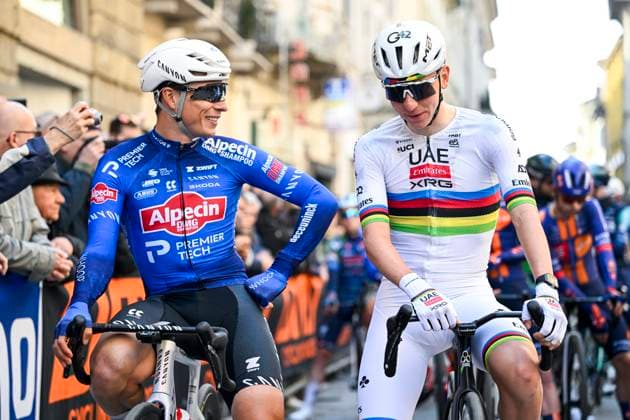 Milan Sanremo 2026 Cycling Race SANREMO, ITALY - MARCH 21 : Philipsen Jasper (BEL) of Alpecin - Premier Tech and Pogacar Tadej (SLO) of UAE Team Emirates - XRG before the start of the race during the 117th edition of Milan Sanremo an UCI World Tour 1.UWT one day cycling road race for Men Elite of 298 km with start in Pavia and finish in Sanremo on March 21, 2026 in Sanremo, Italy, 21 03 2026 ( Motordriver Guy De Vuyst - Sanremo Italy  Copyright: xNicoxVereeckenx