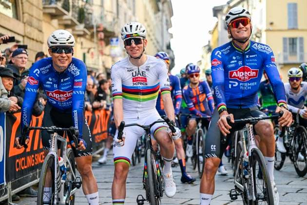 Milan Sanremo 2026 Cycling Race SANREMO, ITALY - MARCH 21 : Philipsen Jasper (BEL) of Alpecin - Premier Tech, Pogacar Tadej (SLO) of UAE Team Emirates - XRG and Van Der Poel Mathieu (NED) of Alpecin - Premier Tech before the start of the race during the 117th edition of Milan Sanremo an UCI World Tour 1.UWT one day cycling road race for Men Elite of 298 km with start in Pavia and finish in Sanremo on March 21, 2026 in Sanremo, Italy, 21 03 2026 ( Motordriver Guy De Vuyst - Sanremo Italy  Copyright: xNicoxVereeckenx