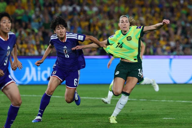 Alanna Kennedy of Australia contests the ball with Toko Koga of Japan during the AFC Womens Asian Cup 2026 Final match between Japan Women and Australia Women at Stadium Australia, Sydney, Australia on 21 March 2026. Copyright: xPeterxDovganx 44690018