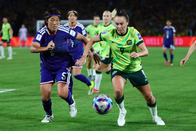 Caitlin Foord of Australia contests the ball with Hana Takahashi of Japan during the AFC Womens Asian Cup 2026 Final match between Japan Women and Australia Women at Stadium Australia, Sydney, Australia on 21 March 2026. Copyright: xPeterxDovganx 44690029