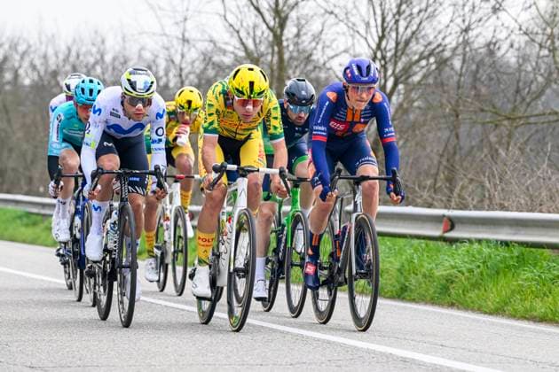 Milan Sanremo 2026 Cycling Race SANREMO, ITALY - MARCH 21 : Rider of Movistar Team, Polti VisitMalta, Team Picnic PostNL in the escape pack during the 117th edition of Milan Sanremo an UCI World Tour 1.UWT one day cycling road race for Men Elite of 298 km with start in Pavia and finish in Sanremo on March 21, 2026 in Sanremo, Italy, 21 03 2026 ( Motordriver Guy De Vuyst - Sanremo Italy  Copyright: xNicoxVereeckenx